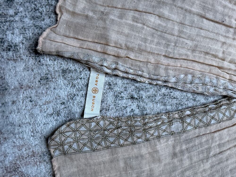 Tory Burch Cotton Scarf Shawl Beige Geometric Lagenlook Boho Minimalist Resort